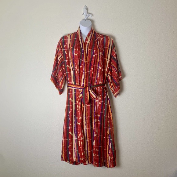 VTG R MICHAEL ALAN Women Robe Size M Kimono Retro Multicolor Belted Chiffon - Picture 1 of 11
